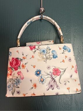 Vera Pelle White Floral Top-Handle Satchel with Multicolor Garden Print